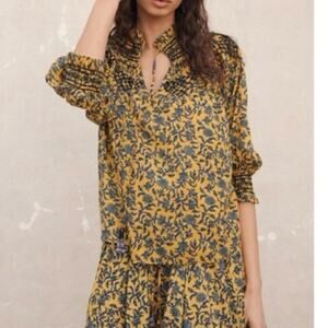 Zara Cottagecore Floral Yellow Women's Blouse with Beaded Tassel Size Large Boho